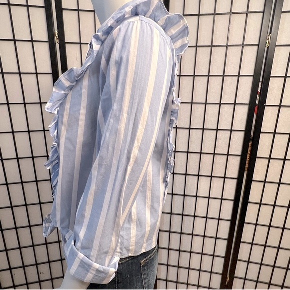 Popsugar Blue Striped Ruffled Top With Moto Collar And Tie - Picture 5 of 13